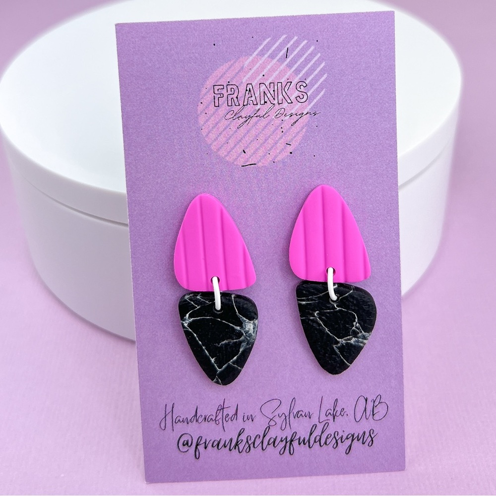 Pink with Black Marble Design Handmade Polymer Clay Dangle Earrings Ligh…